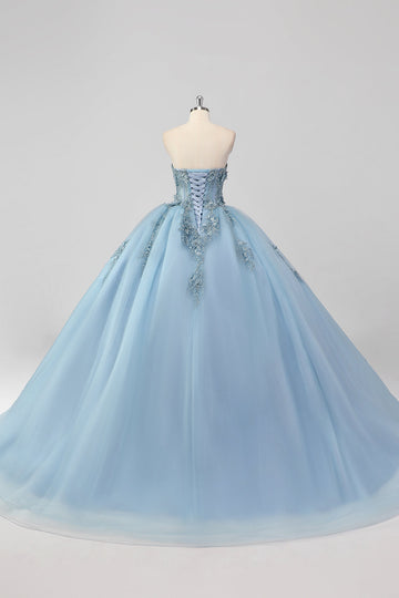 Princess Grey Blue Strapless Tulle Quinceanera Dress with Appliques